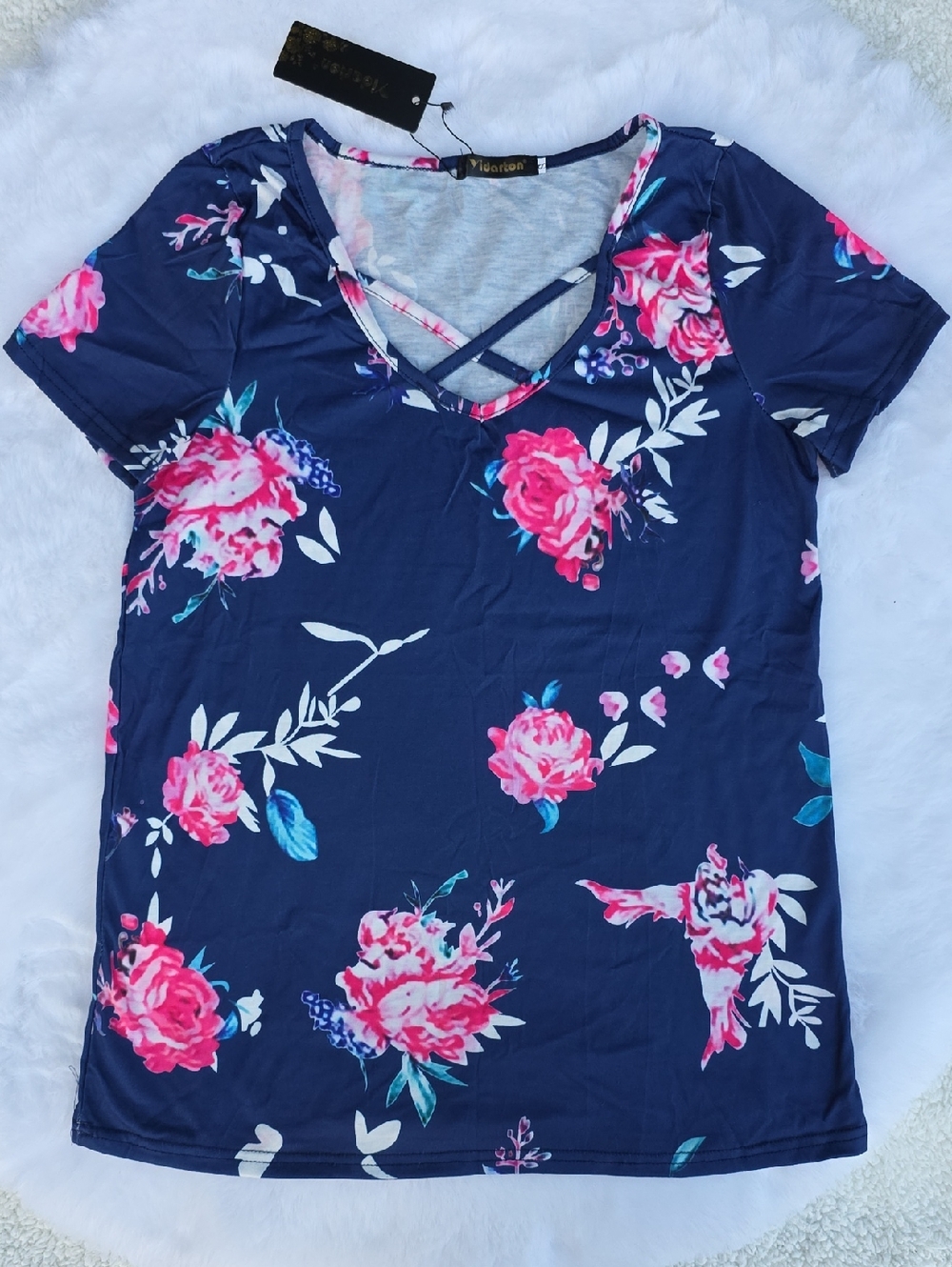 Strappy V Neck Top Size Small Short Sleeve Navy Blue With Pink Flowers Floral